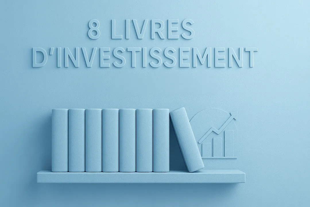 llustration 3D de huit livres d’investissement classiques pour les investisseurs français, alignés sur une étagère bleu pastel avec le titre '8 Livres d’Investissement Classiques' embossé en haut. Design minimaliste pour article de blog financier.