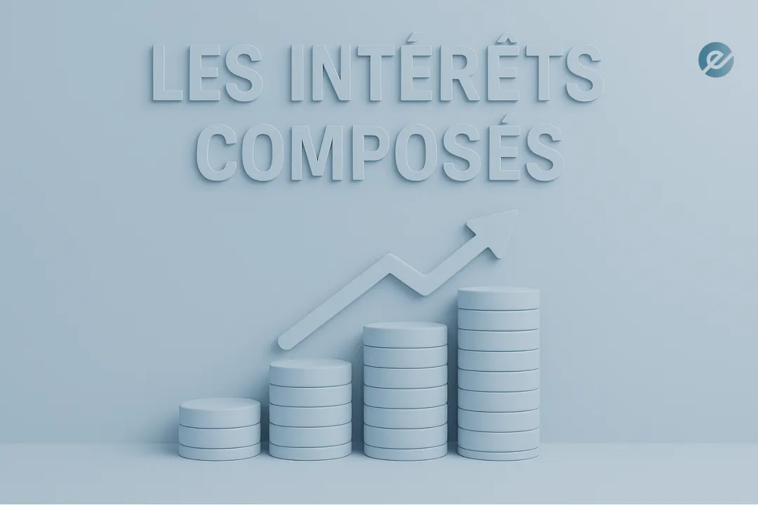 Les intérêts composés – croissance visuelle d’un capital avec des piles de pièces et une flèche ascendante.