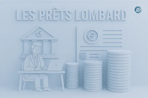 Illustration de prêt Lombard avec banque, contrat et piles de pièces.
