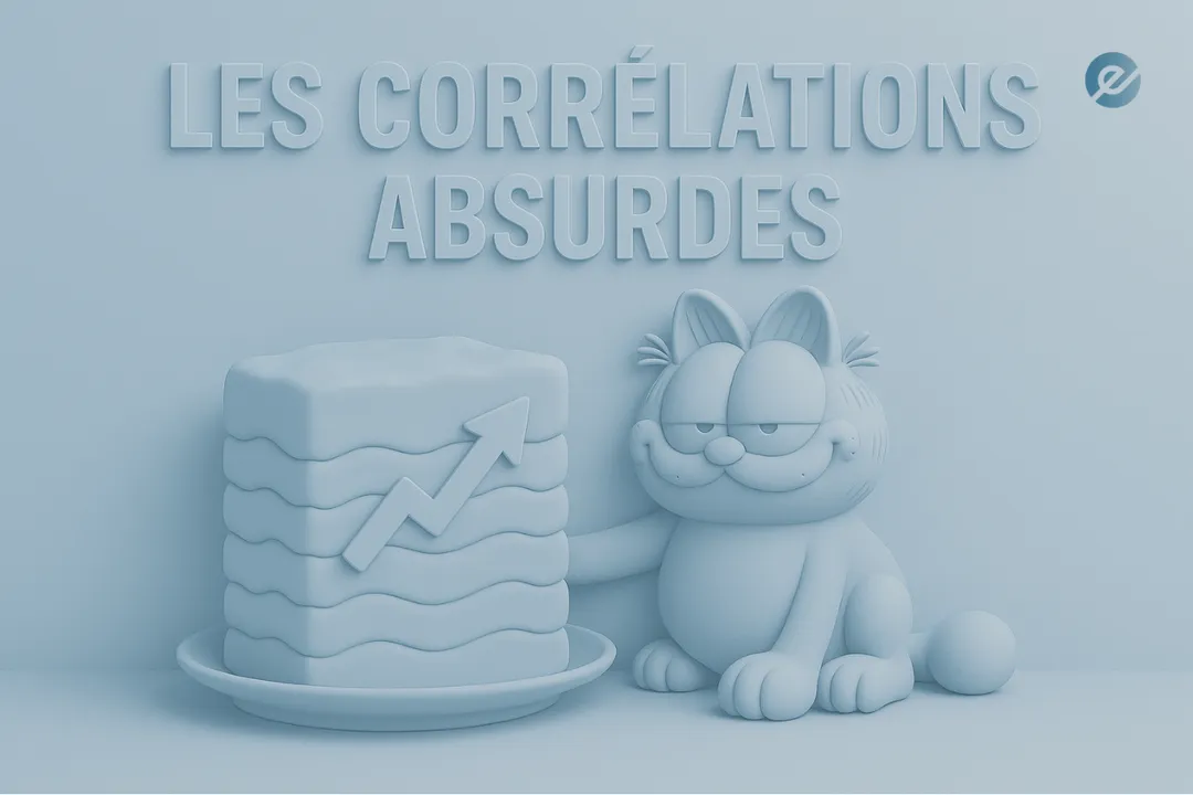 Illustration humoristique d’une corrélation absurde avec un personnage de chat souriant à côté d’un plat de lasagnes en forme de graphique boursier