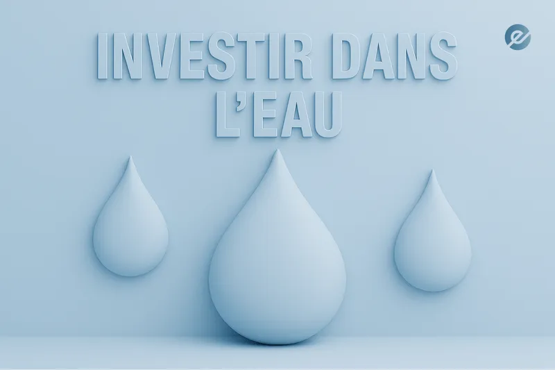 Illustration 3D avec trois gouttes d’eau et le texte « Investir dans l’eau », symbolisant l’investissement durable via actions et ETF liés à l’eau.