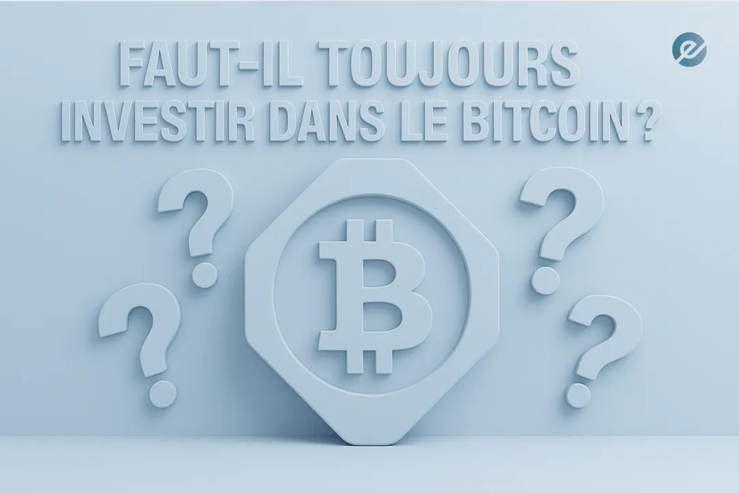 Faut-il investir dans le Bitcoin – illustration 3D avec logo Bitcoin et points d’interrogation