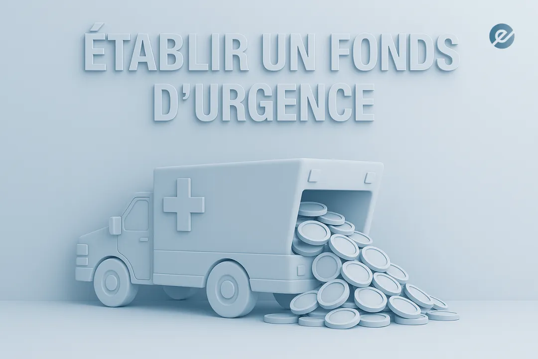 Illustration 3D d’une ambulance remplie de pièces avec le texte « Établir un fonds d’urgence », symbolisant l’épargne de précaution.