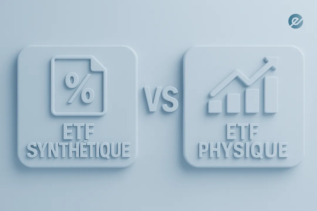 Illustration comparant ETF synthétiques et ETF physiques avec icônes financières.