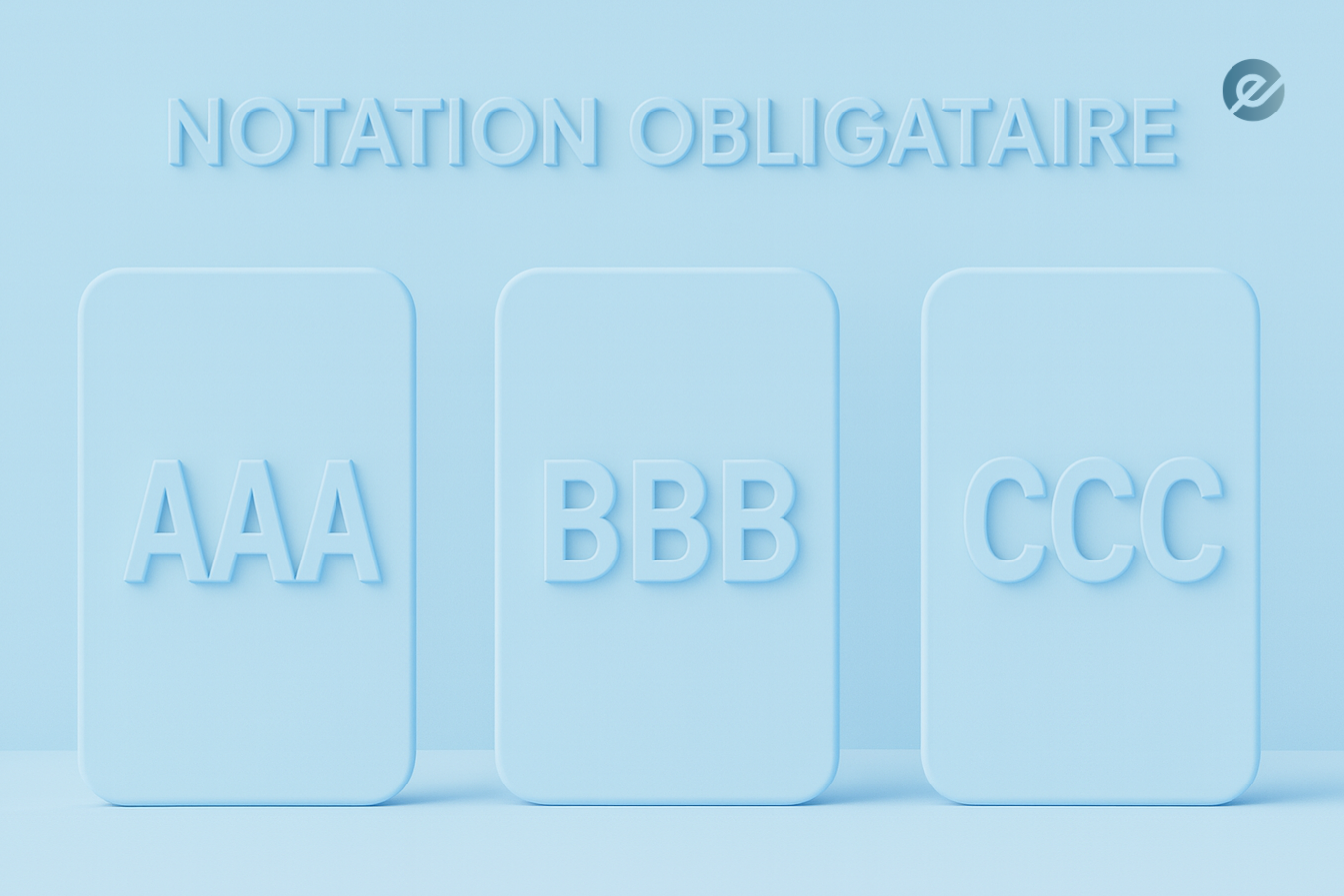 Illustration 3D bleue montrant les notations obligataires AAA, BBB et CCC, symbole des niveaux de risque et de qualité du crédit.