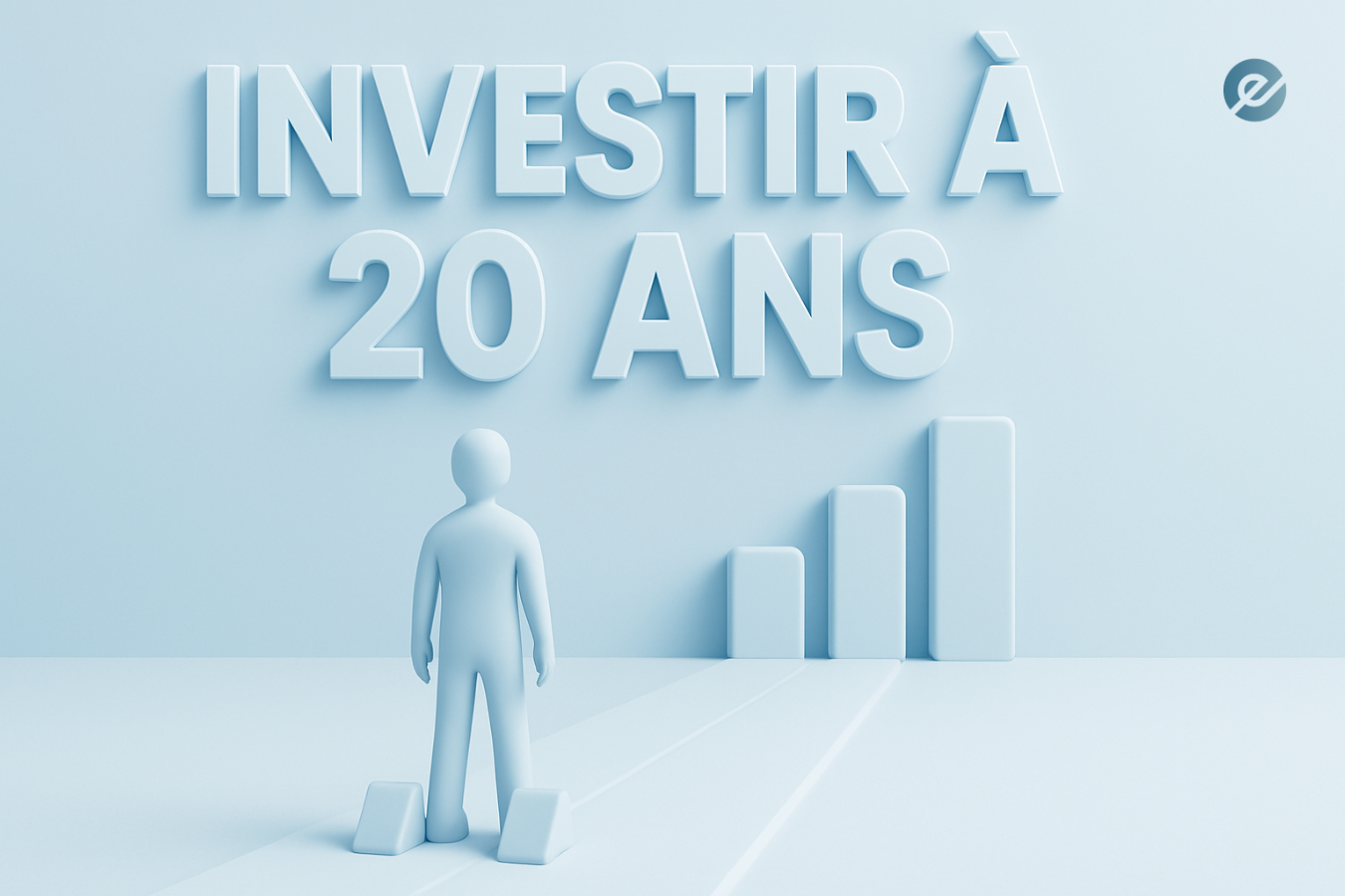 Image minimaliste en 3D représentant une silhouette humaine faisant face à une croissance financière symbolisée par quatre barres ascendantes, avec le texte "Investir à 20 ans" en grand. L’illustration évoque le début de la vie d’investisseur, la construction de patrimoine dès le jeune âge, ainsi que l’importance d’une stratégie financière long terme.