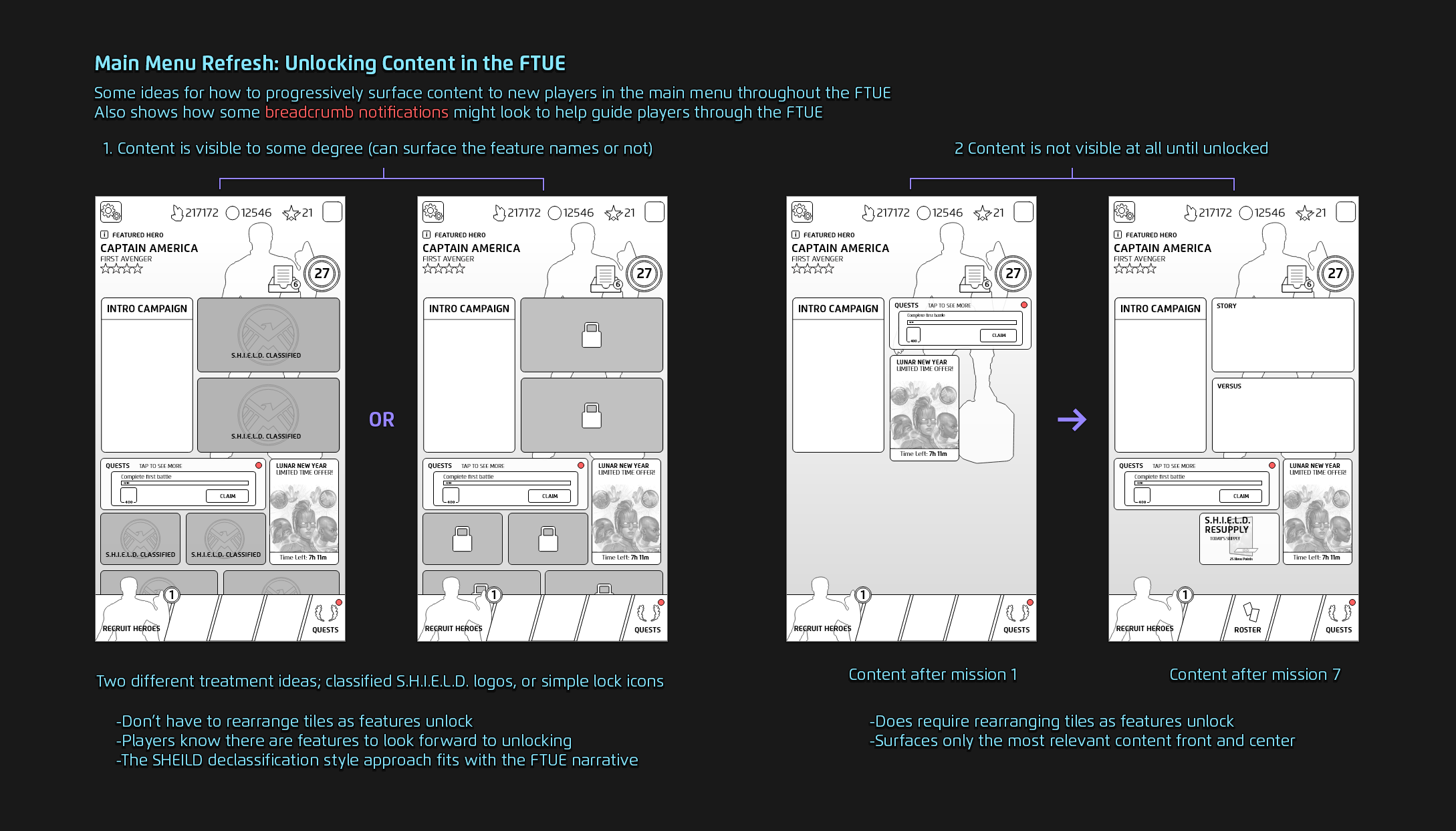Wireframes proposing a few options for the progressive reveal of content to new players.