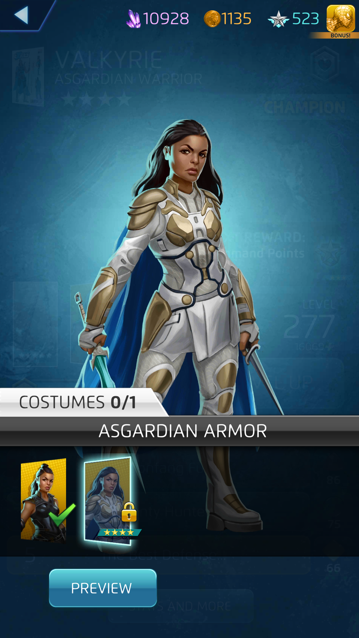A recent screenshot of the costumes page