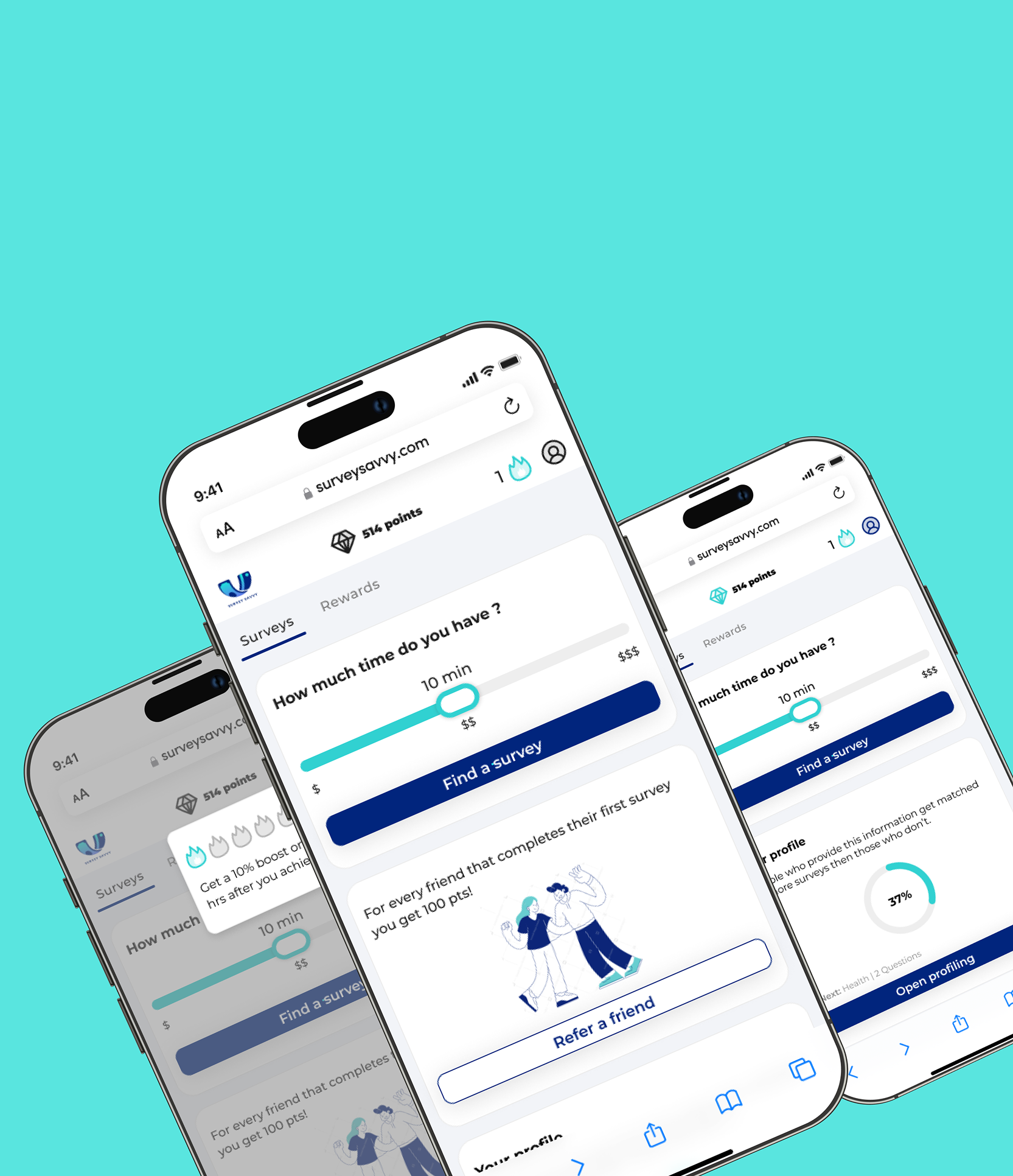 3 iPhones with screens from a survey rewards app