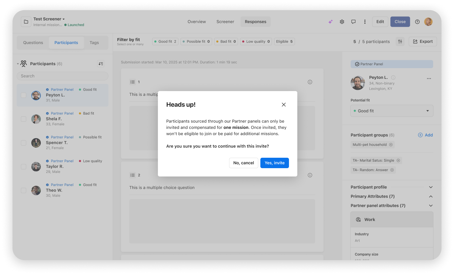 Invite participant informational pop up