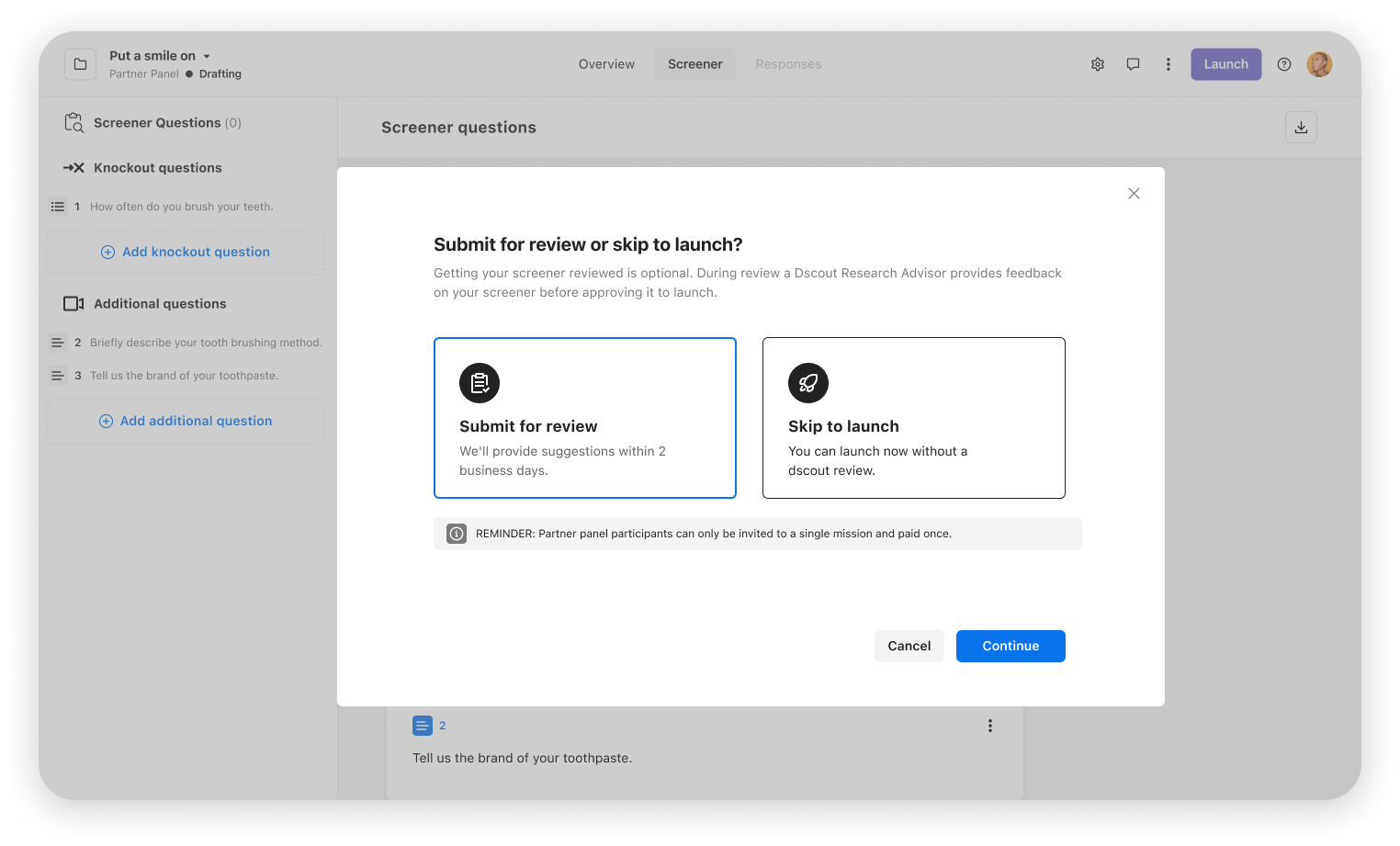 Modal when a mission is launched to confirm action and ask if user wants to review mission