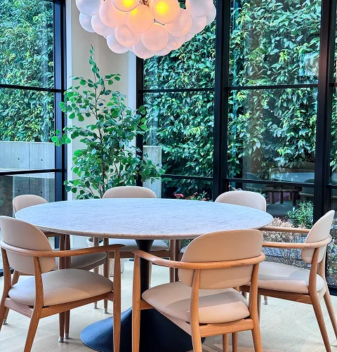 Modern dining area with a round white marble table surrounded by six light wood chairs with beige cushions, a large leafy plant near floor-to-ceiling windows with green foliage outside, and a contemporary cluster pendant light hanging above.
