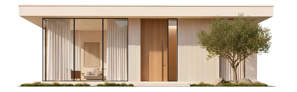 Modern home with floor-to-ceiling windows and a landscaped entrance