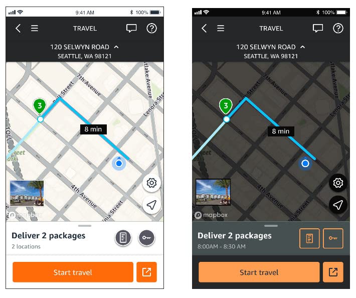 two phone screen images showing the difference between Light Mode and Dark Mode in the Amazon Flex app