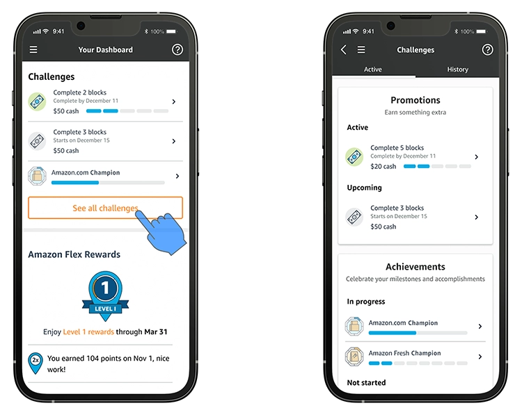 A side by side view of the Amazon Flex app on a phone screen. They show how to find challenges in the app.