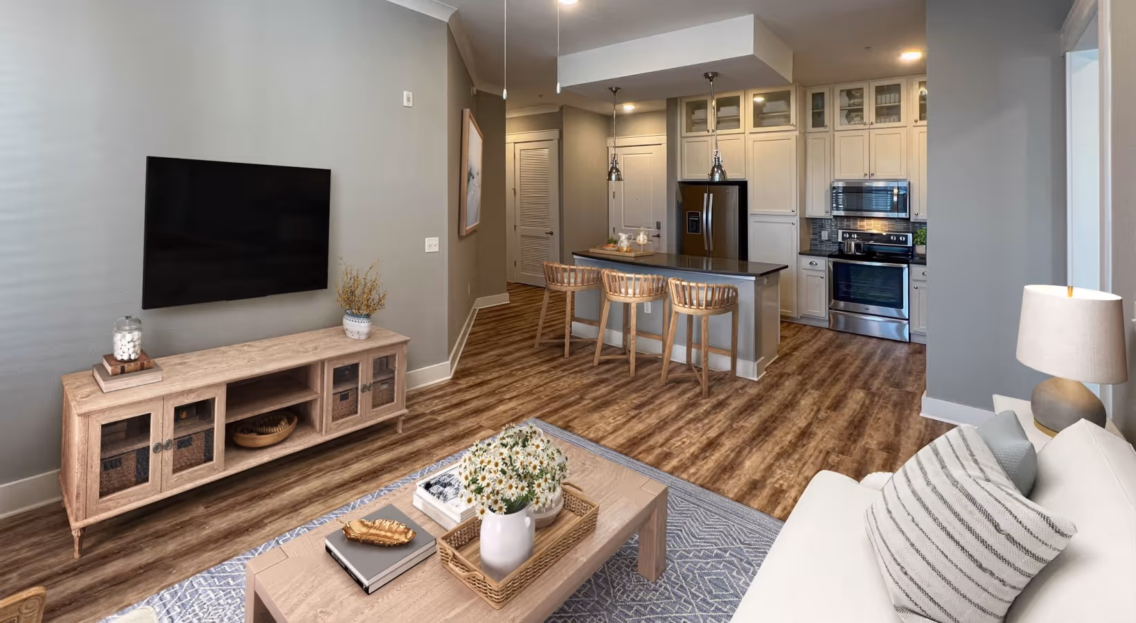 Two bedroom apartment living area at Novus Westshore (B2 floor plan)
