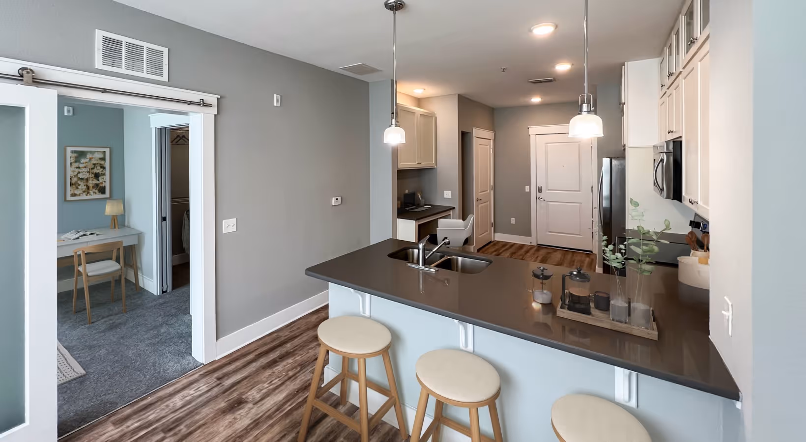 Studio apartment kitchen at Novus Westshore (S1 floor plan)
