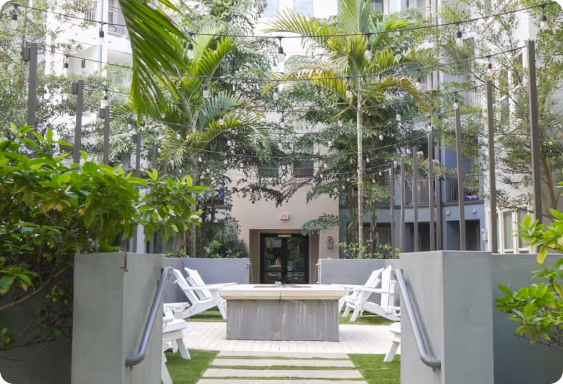 Zen courtyard with fountain and grilling area