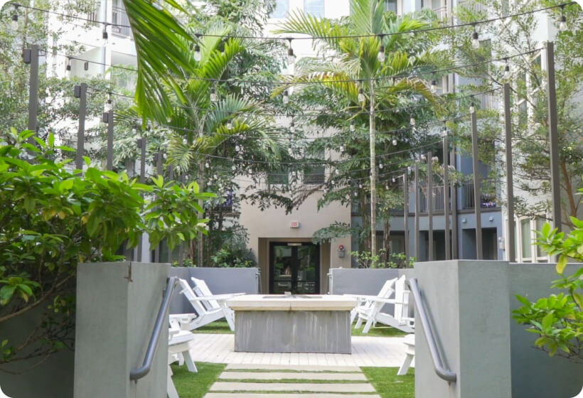 Zen courtyard with fountain and grilling area