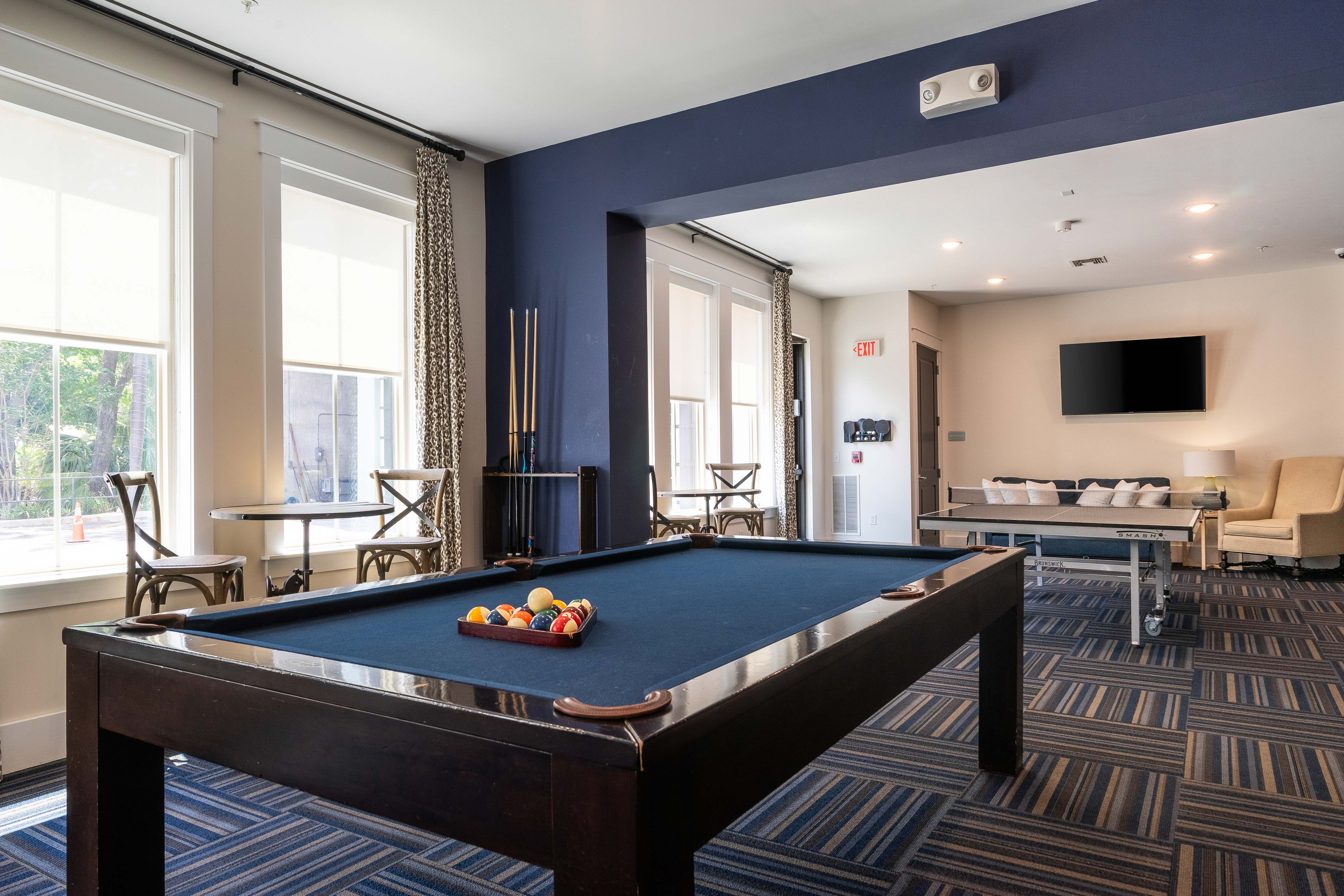 Clubhouse with billiards, ping pong, and foosball