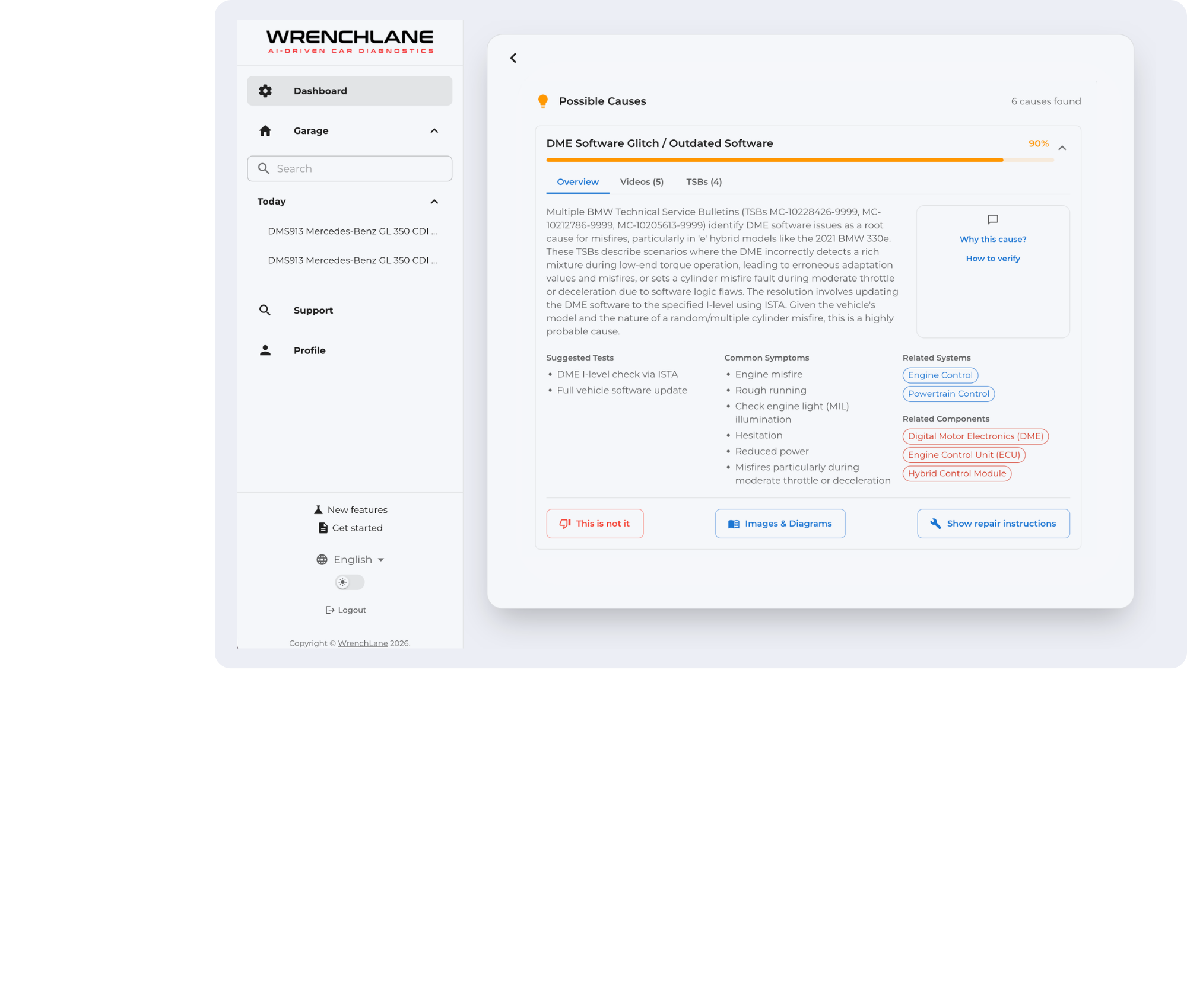 Dashboard interface of WrenchLane car diagnostics showing vehicle information for a 2011 Mercedes-Benz GL 350 CDI with problem details and resource links.