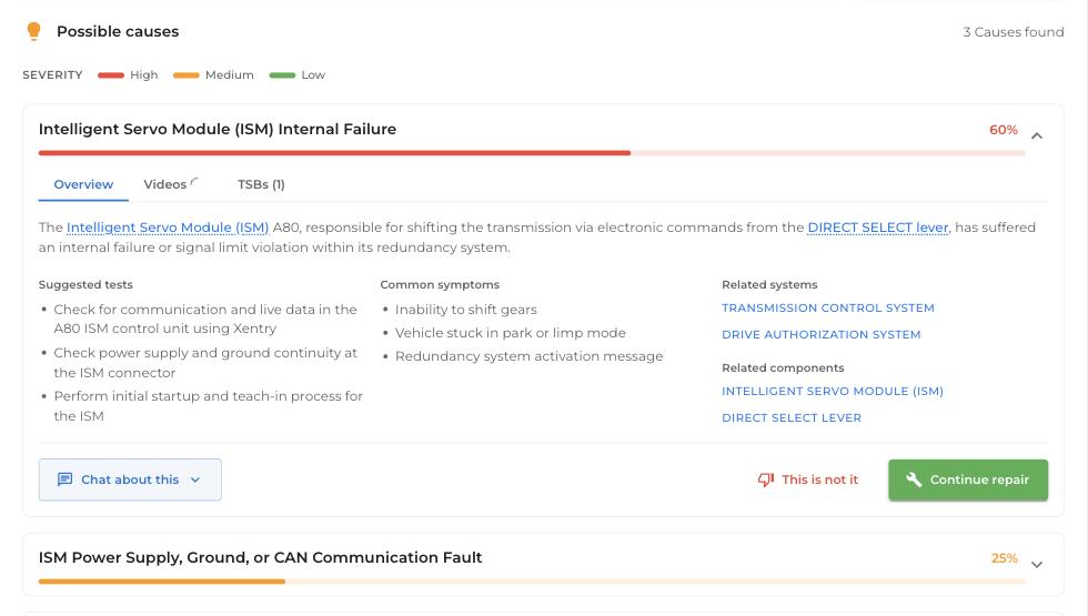 WrenchLane diagnostic view for a Mercedes-Benz GL: fault code P179D resolved into three ranked causes with likelihood, severity, suggested tests and related components