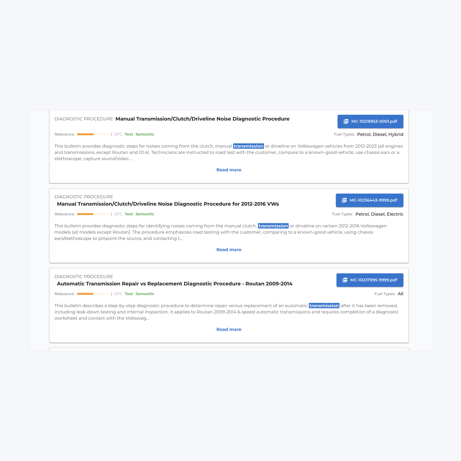 WrenchLane technical service bulletin search results, showing matched bulletins with relevance scores, fuel-type applicability and downloadable OEM PDFs