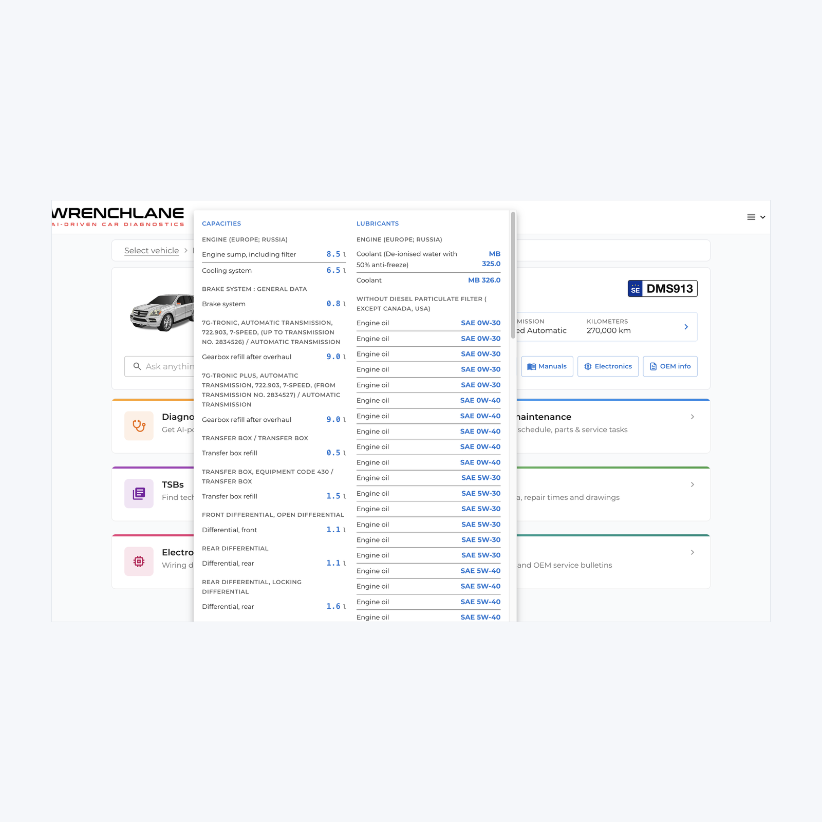 WrenchLane vehicle page with the fluids panel open, listing OEM capacities and lubricant grades