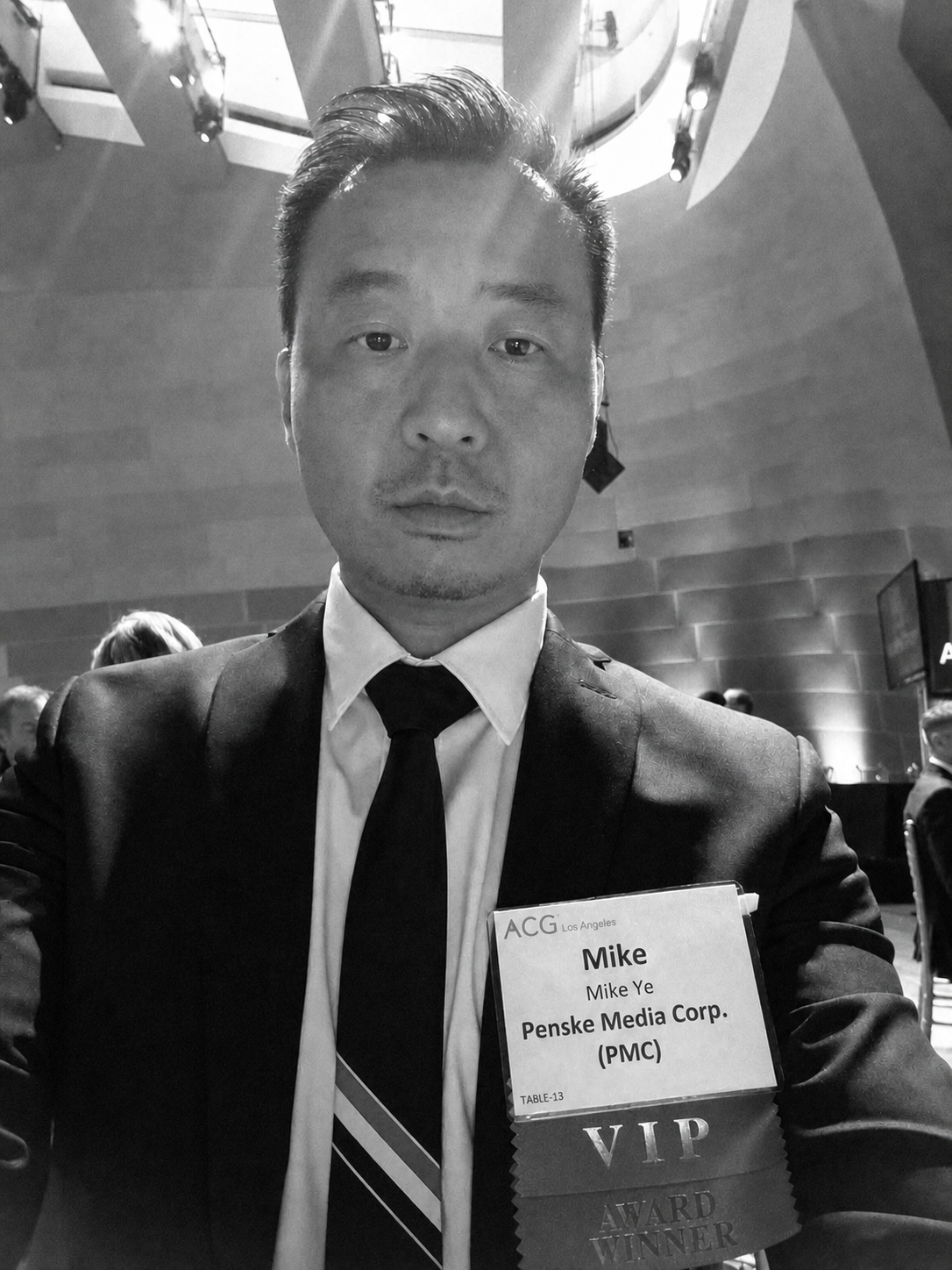 Mike Ye at the ACG Los Angeles Annual Awards Ceremony, 2018, Walt Disney Concert Hall, with VIP Award Winner badge from Penske Media Corp.