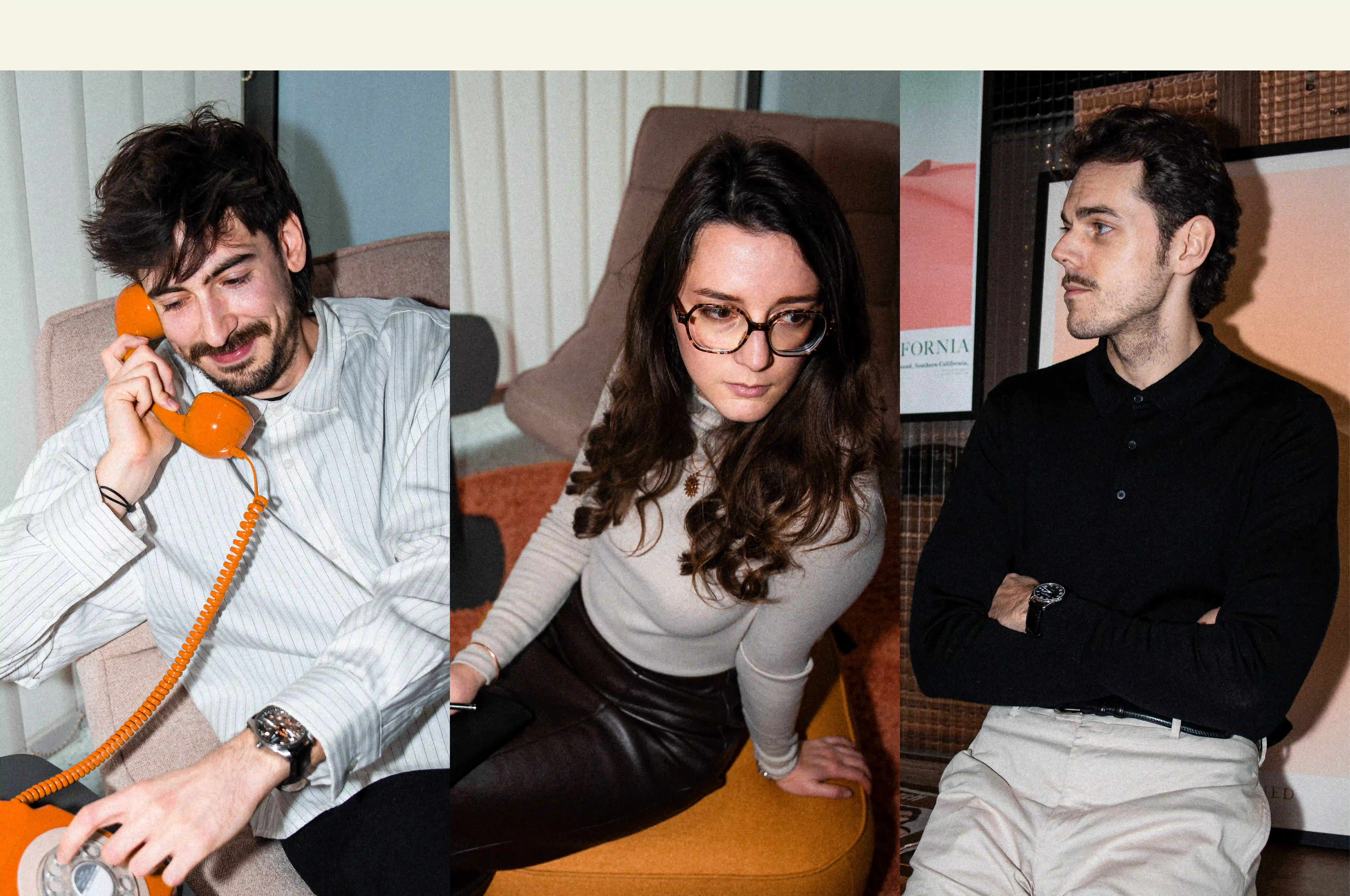 Les fondateurs de l'agence Nuance : Trois jeunes adultes assis, une homme parle au téléphone orange, une femme regarde à droite, un homme croise les bras.