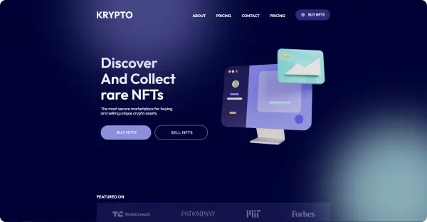 Krypto website homepage showing a dark blue gradient background with the text 'Discover And Collect rare NFTs', buttons for buying and selling NFTs, navigation menu, and a stylized computer monitor graphic.