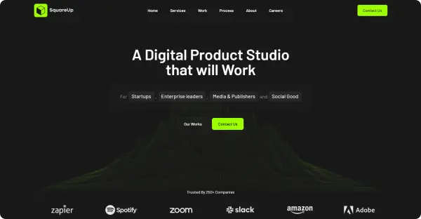 SquareUp website homepage showing tagline 'A Digital Product Studio that will Work' with navigation menu, contact buttons, and logos of companies including Zapier, Spotify, Zoom, Slack, Amazon, and Adobe.