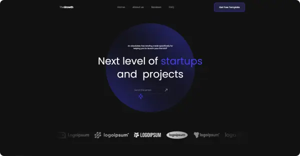 Website header with text 'Next level of startups and projects' on a dark background featuring a circular gradient, navigation links, and a button labeled 'Get Free Template.'