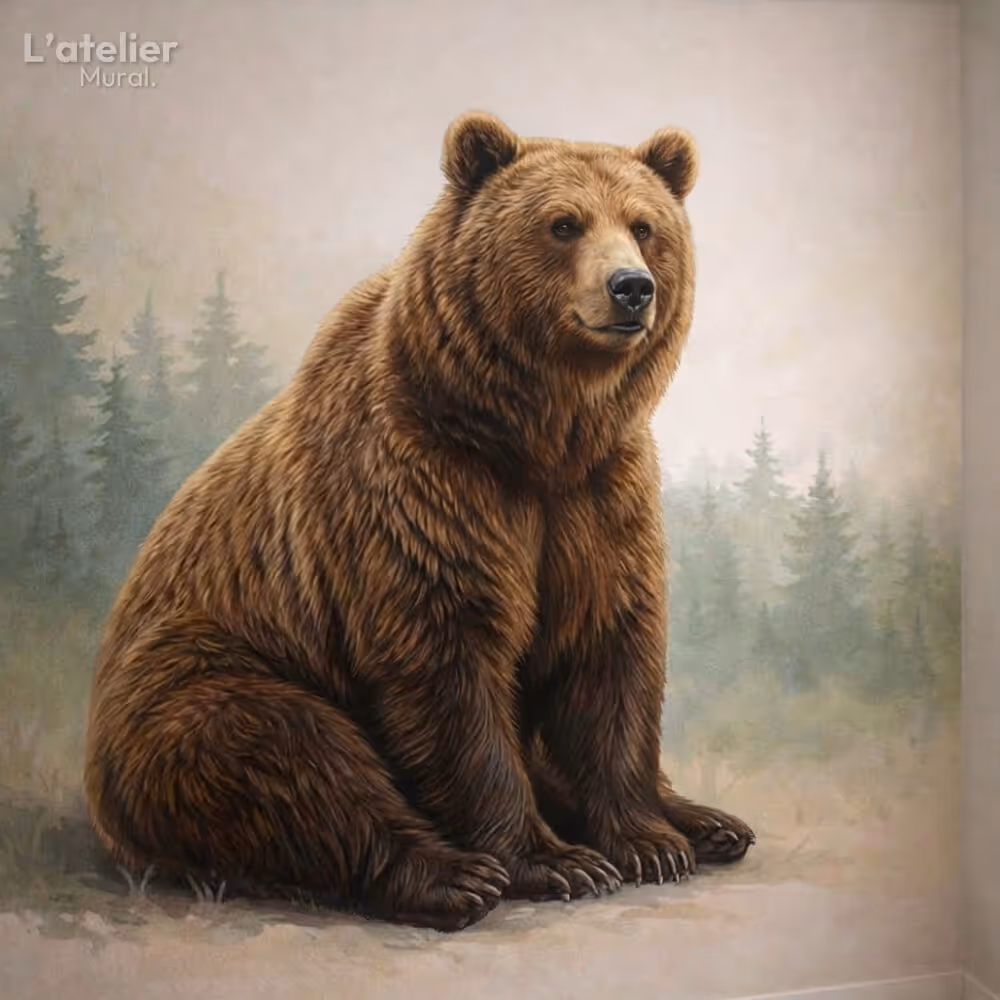Fresque murale d'ours très réaliste, lumière naturelle et profondeur