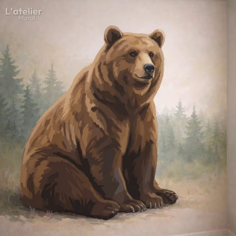 Fresque murale d'ours en style simple, aplats graphiques