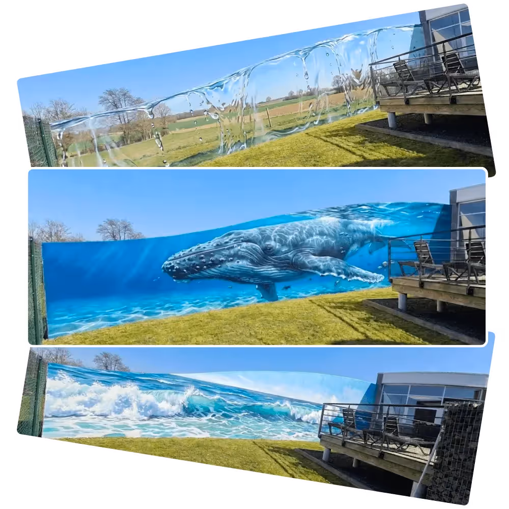Exemple de projection chez un client, trois variations stylistiques de fresque dans un spa