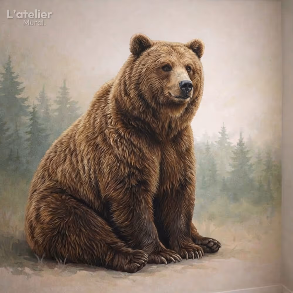 Fresque murale d'ours en hyperréalisme, finitions photoréalistes