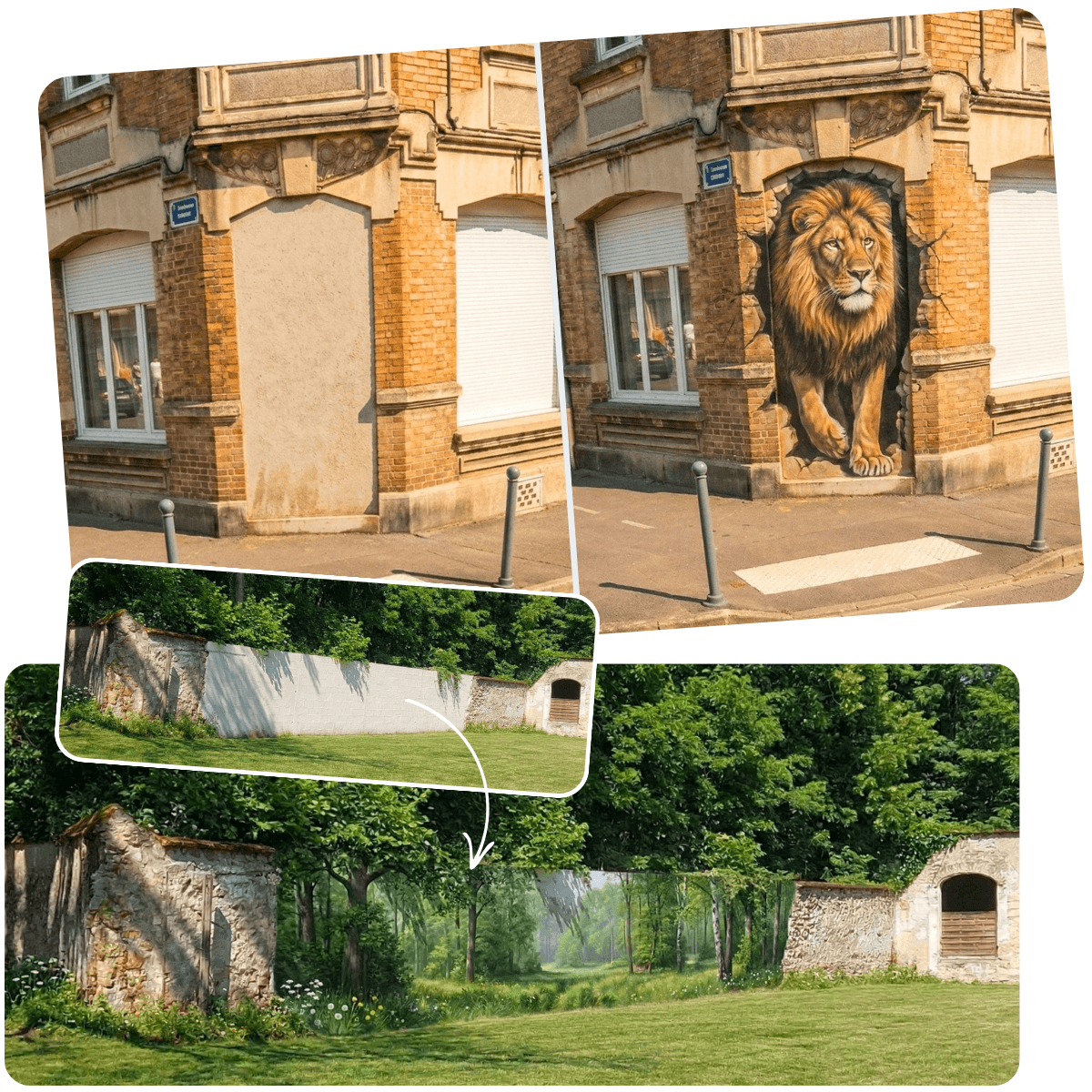 Plusieurs idées de fresque murale projetées sur photo du mur du client