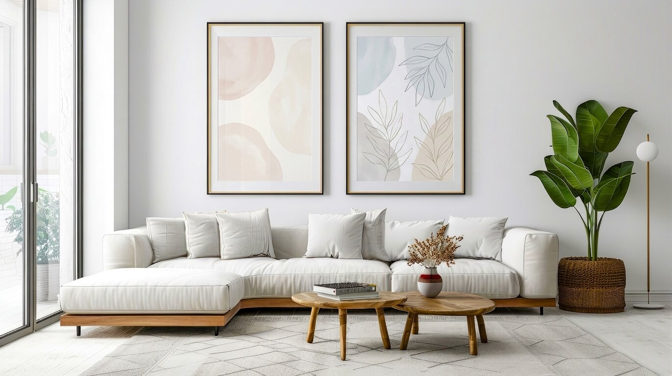 Salon avec deux cadres pastel imprimés sur mur blanc, décoration murale standard
