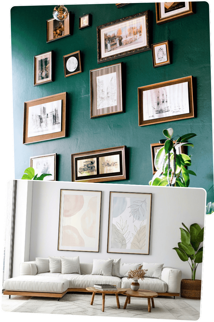 Exemples de cadres et tableaux imprimés en composition murale décorative