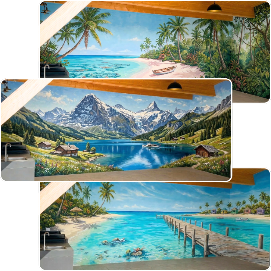 Projection de fresque murale paysage sous une terrasse, L'Atelier Mural