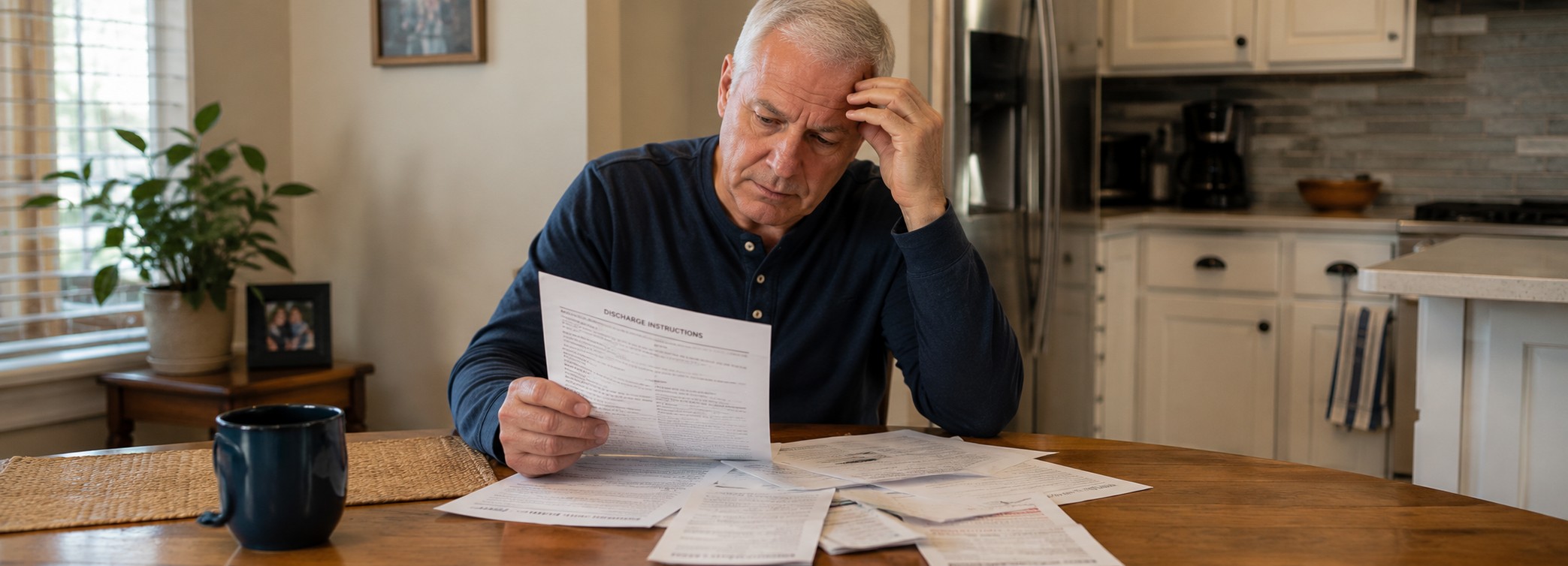 A senior man sits in his kitchen, reviewing a pile of papers spread out in front of him