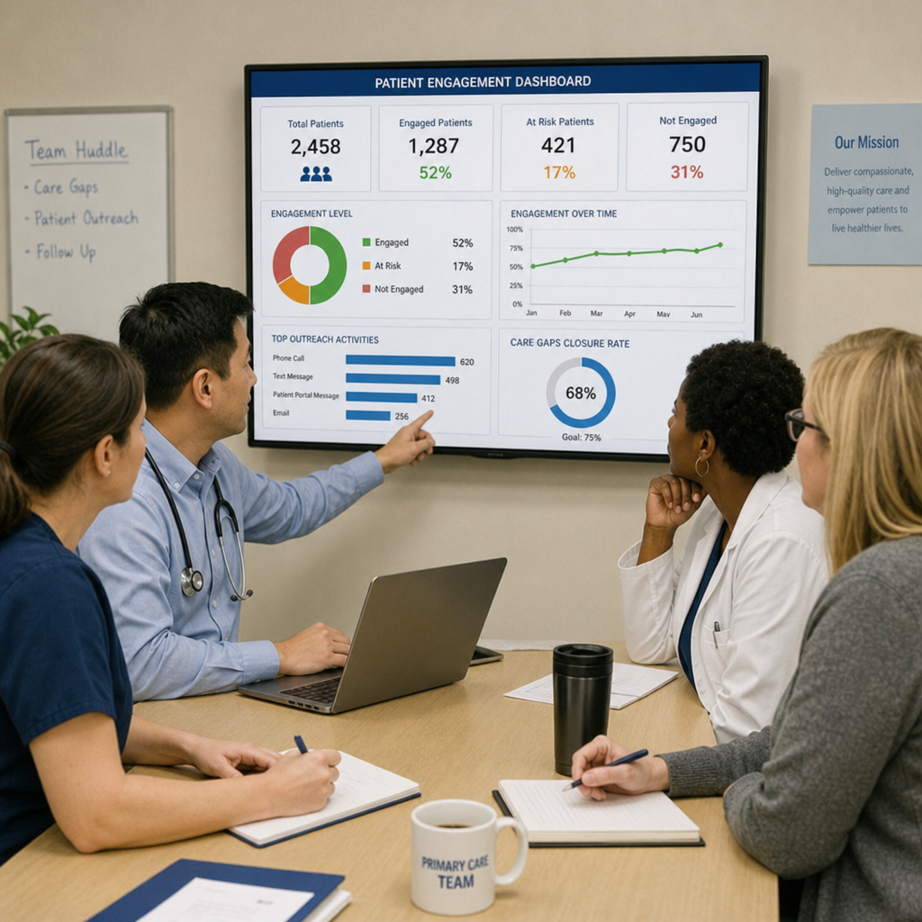Primary care team reviewing patient engagement dashboard