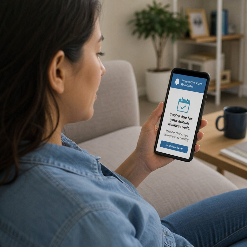Patient receiving preventive care reminder on mobile phone