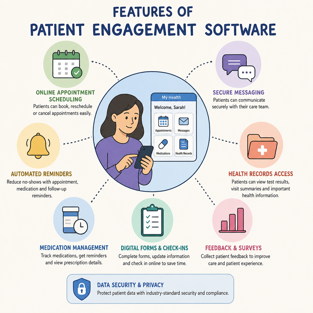 Illustration showing features of patient engagement software