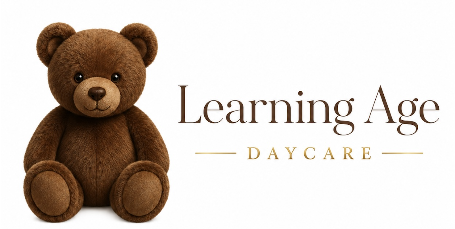 Brown teddy bear sitting next to the words Learning Age Daycare in brown and gold text.