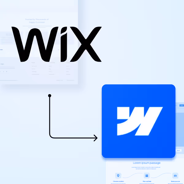 Wix-Logo mit einem Pfeil, der auf das Webflow-Logo zeigt, symbolisiert die Migration von Wix zu Webflow.