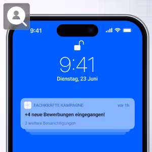 Smartphone-Bildschirm zeigt eine Benachrichtigung über vier neue Bewerbungen von der Fachkräfte Kampagne am 23. Juni um 9:41 Uhr.