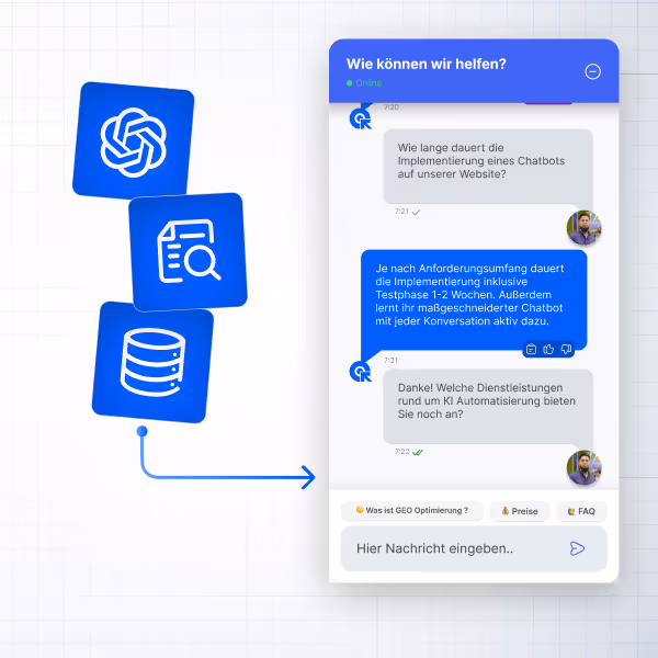 Chatbot-Interface auf einer Webseite mit einem Gespräch über die Implementierungsdauer und KI-Dienstleistungen, begleitet von Symbolen für Daten, Dokumente und KI.