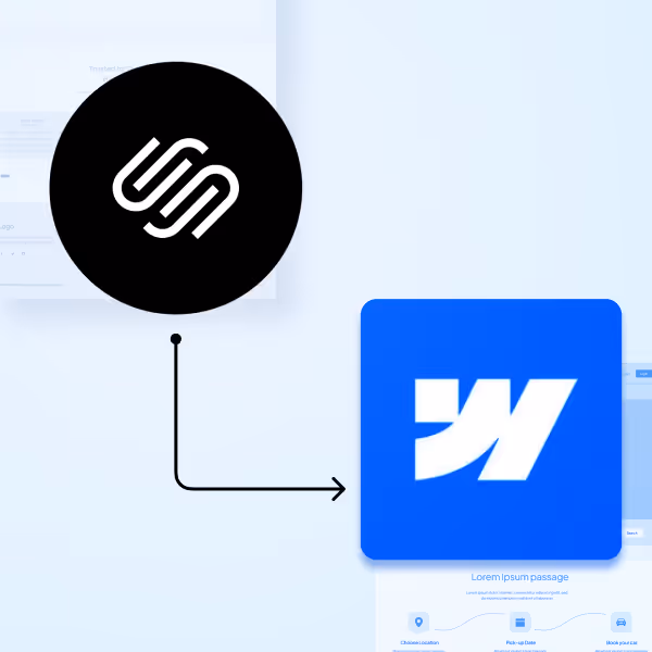 Logo von Squarespace, verbunden mit einem Pfeil, der auf das Webflow-Logo zeigt.